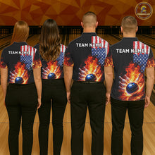 Load image into Gallery viewer, American Flag Flame bowling polo, quarter zip shirts for Men Custom patriotic team bowling jerseys NQS11432