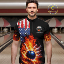 Load image into Gallery viewer, American Flag Flame bowling polo, quarter zip shirts for Men Custom patriotic team bowling jerseys NQS11432