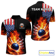 Load image into Gallery viewer, American Flag Flame bowling polo, quarter zip shirts for Men Custom patriotic team bowling jerseys NQS11432