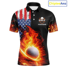 Load image into Gallery viewer, American Flag Flame Golf Polo shirts for Men Custom patriotic team Golf jerseys, mens golf outfit NQS11433