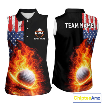 American Flag Flame Ladies sleeveless golf tops Custom patriotic team Golf jersey, ladies golf outfit NQS11433