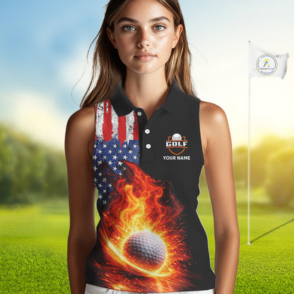 American Flag Flame Ladies sleeveless golf tops Custom patriotic team Golf jersey, ladies golf outfit NQS11433