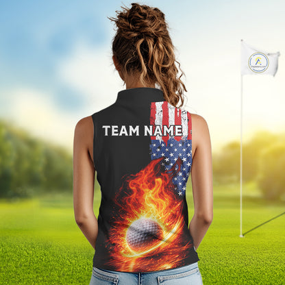 American Flag Flame Ladies sleeveless golf tops Custom patriotic team Golf jersey, ladies golf outfit NQS11433