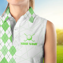Load image into Gallery viewer, Green argyle pattern Women Sleeveless polo shirt custom peace love golf jersey, ladies golf attire NQS9505