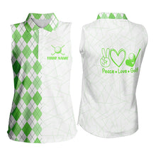 Load image into Gallery viewer, Green argyle pattern Women Sleeveless polo shirt custom peace love golf jersey, ladies golf attire NQS9505