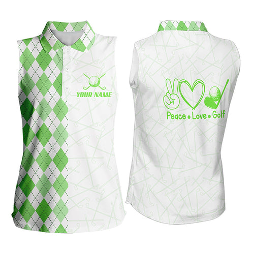 Green argyle pattern Women Sleeveless polo shirt custom peace love golf jersey, ladies golf attire NQS9505