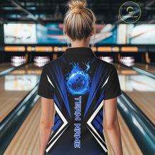 Load image into Gallery viewer, Black and Blue Flame Bowling Shirts For Women, Team Bowling Shirts Custom bowling attire for ladies NQS11634