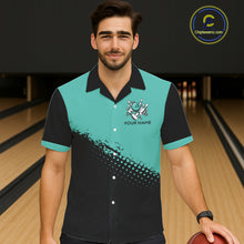Load image into Gallery viewer, Black and Turquoise Retro Button-up Bowling Shirts, Vintage Team Bowling Shirts Custom NQS11635