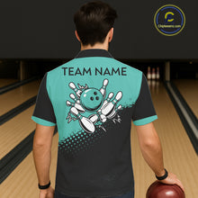 Load image into Gallery viewer, Black and Turquoise Retro Button-up Bowling Shirts, Vintage Team Bowling Shirts Custom NQS11635