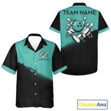 Load image into Gallery viewer, Black and Turquoise Retro Button-up Bowling Shirts, Vintage Team Bowling Shirts Custom NQS11635
