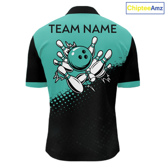 Black and Turquoise Retro Bowling Shirts For Men, Vintage Team Bowling Shirts Custom NQS11635