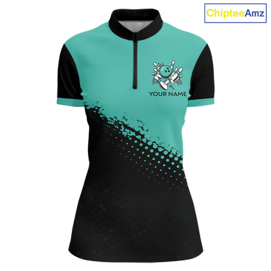 Black and Turquoise Retro Bowling Shirts For Women, Vintage Team Bowling Shirts Custom NQS11635