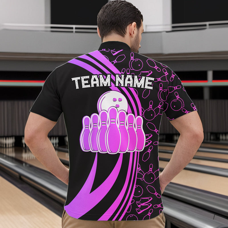 Black Mens bowling shirts Custom Pink neon team league bowling jerseys, gifts for bowlers NQS9668