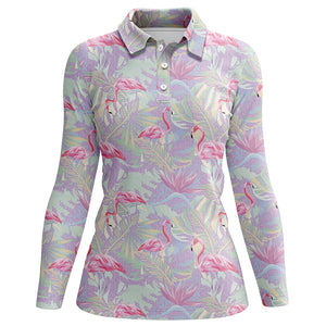 Pink flamingo tropical floral pattern Womens golf polo shirts, floral golf shirt womens NQS5712