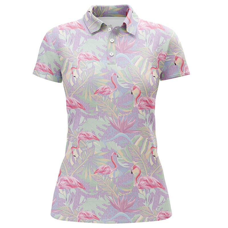 Pink flamingo tropical floral pattern Womens golf polo shirts, floral golf shirt womens NQS5712