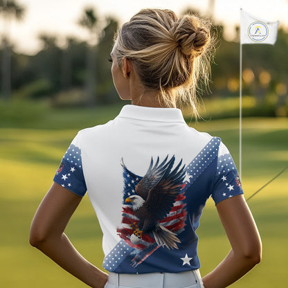 Red, White and Blue American Flag Eagle Custom Women golf polo shirt, patriotic ladies golf outfit NQS10104