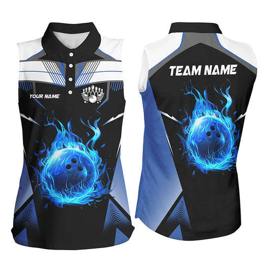 Black and white blue flame bowling ball Team jersey custom Women sleeveless polo Shirts, bowling gifts NQS8230