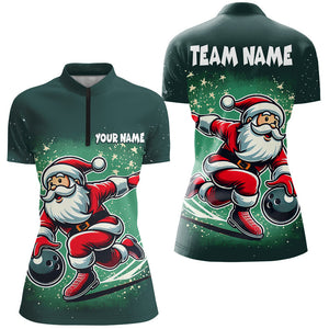 Funny Green Santa Bowling polo, quarter zip shirt for Women Custom bowling uniforms Christmas jerseys NQS8685