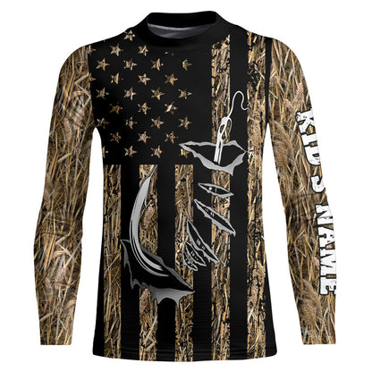 Personalized American Flag Camo Fishing Jerseys, Fish hook camo patriotic Long Sleeve Fishing Shirts NQS8920