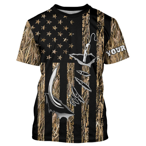 Personalized American Flag Camo Fishing Jerseys, Fish hook camo patriotic Long Sleeve Fishing Shirts NQS8920