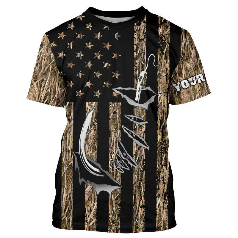 Personalized American Flag Camo Fishing Jerseys, Fish hook camo patriotic Long Sleeve Fishing Shirts NQS8920