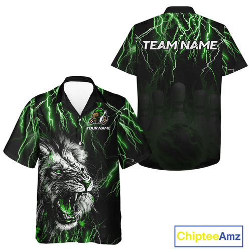 Black & Green Lightning Thunder Lion Bowling Hawaiian Shirt Custom Lion Bowling Team Button up Shirt NQS11044
