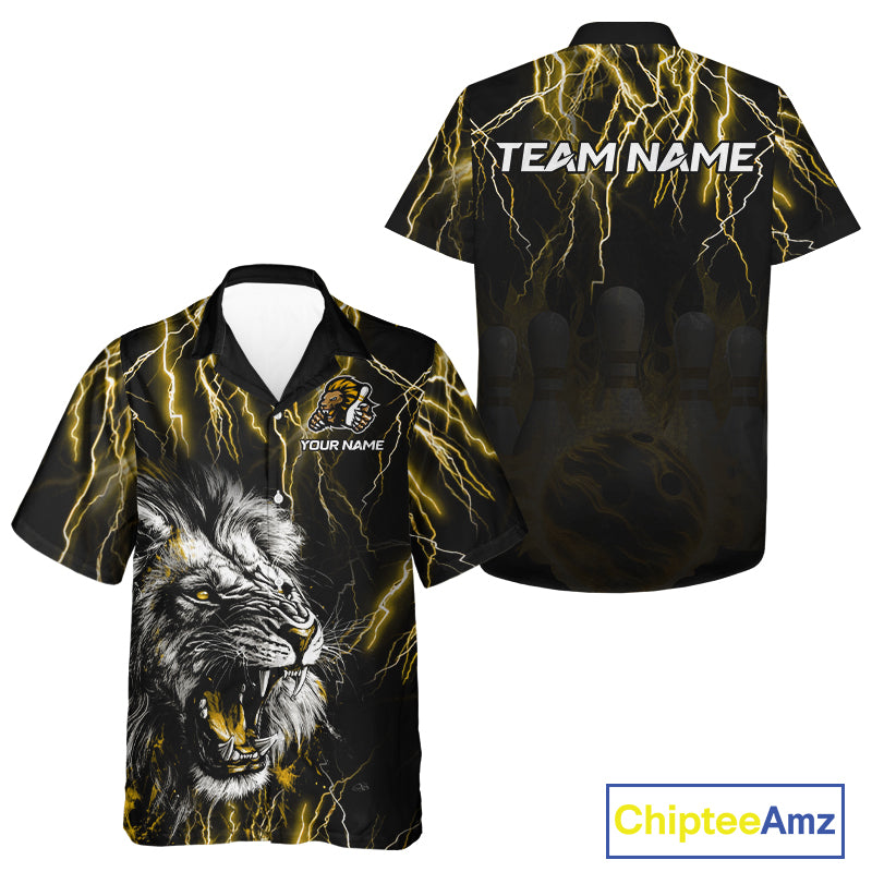 Black & Yellow Lightning Thunder Lion Bowling Hawaiian Shirt Custom Lion Bowling Team Button up Shirt NQS11045