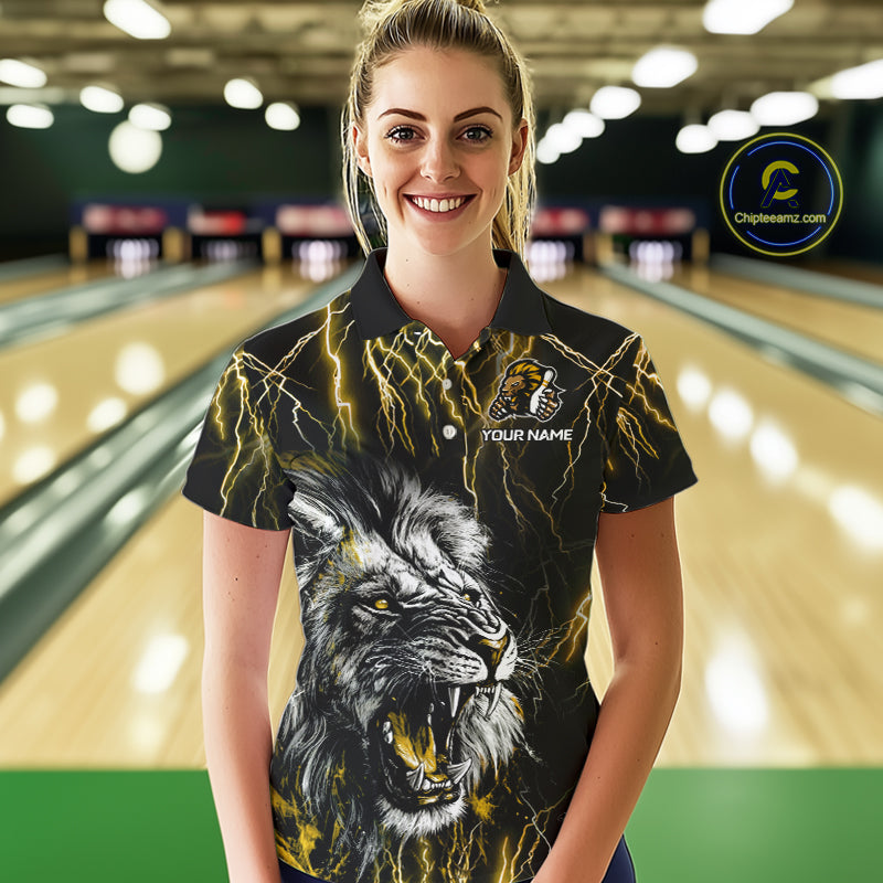 Black and Yellow Lightning Thunder Lion Bowling Shirt For Women Custom Lion Bowling Team Jerseys NQS11045