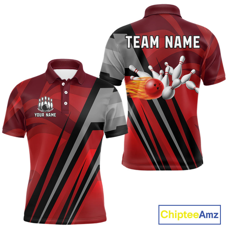 Red Camo Flame Bowling Polo, Quarter Zip Shirts For Men Custom Team Jerseys bowling outfits for men NQS11048