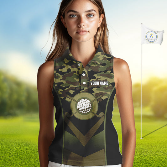 Black green camo Women Sleeveless Polo shirt Custom golf outfit ladies, personalized golf gifts NQS11051