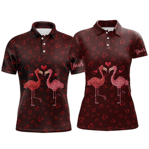 Funny Flamingo red heart pattern matching golf shirt for couple custom his and her Valentine golf tops NQS9366