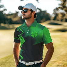 Load image into Gallery viewer, Mens golf polo shirt custom name green clover St Patrick day golf shirts, golfing gifts | Black NQS9514