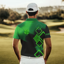 Load image into Gallery viewer, Mens golf polo shirt custom name green clover St Patrick day golf shirts, golfing gifts | Black NQS9514