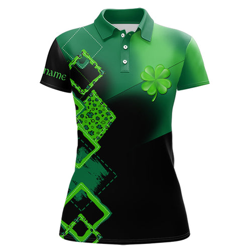 Womens golf polo shirts custom name green clover St Patrick day golf shirts, golfing gifts | Black NQS9514