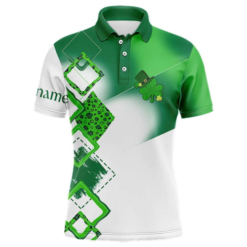 Mens golf polo shirt custom name white and green shamrock St Patrick day golf shirts, golfing gifts NQS9676