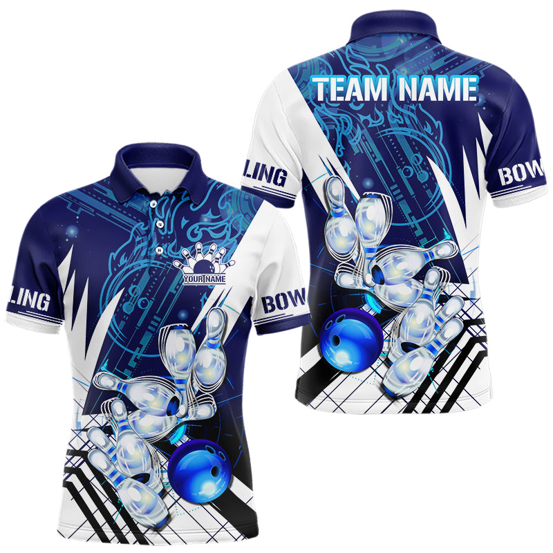 Blue and White Custom Flame Bowling Polo, Quarter-Zip Shirts For Men, Team Bowling League Jersey NQS9679