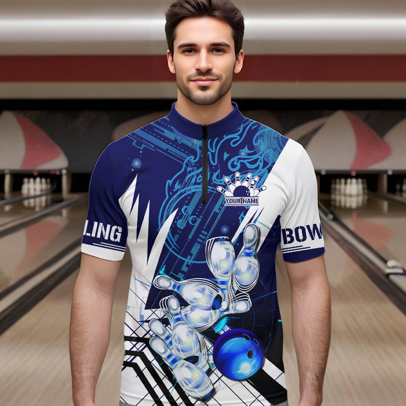 Blue and White Custom Flame Bowling Polo, Quarter-Zip Shirts For Men, Team Bowling League Jersey NQS9679