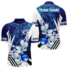 Load image into Gallery viewer, Blue and White Custom Flame Bowling Polo, Quarter-Zip Shirts For Men, Team Bowling League Jersey NQS9679