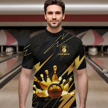 Load image into Gallery viewer, Custom Black and Gold Bowling Polo, Quarter Zip Shirts for Men, Team Bowling League Jersey NQS9682
