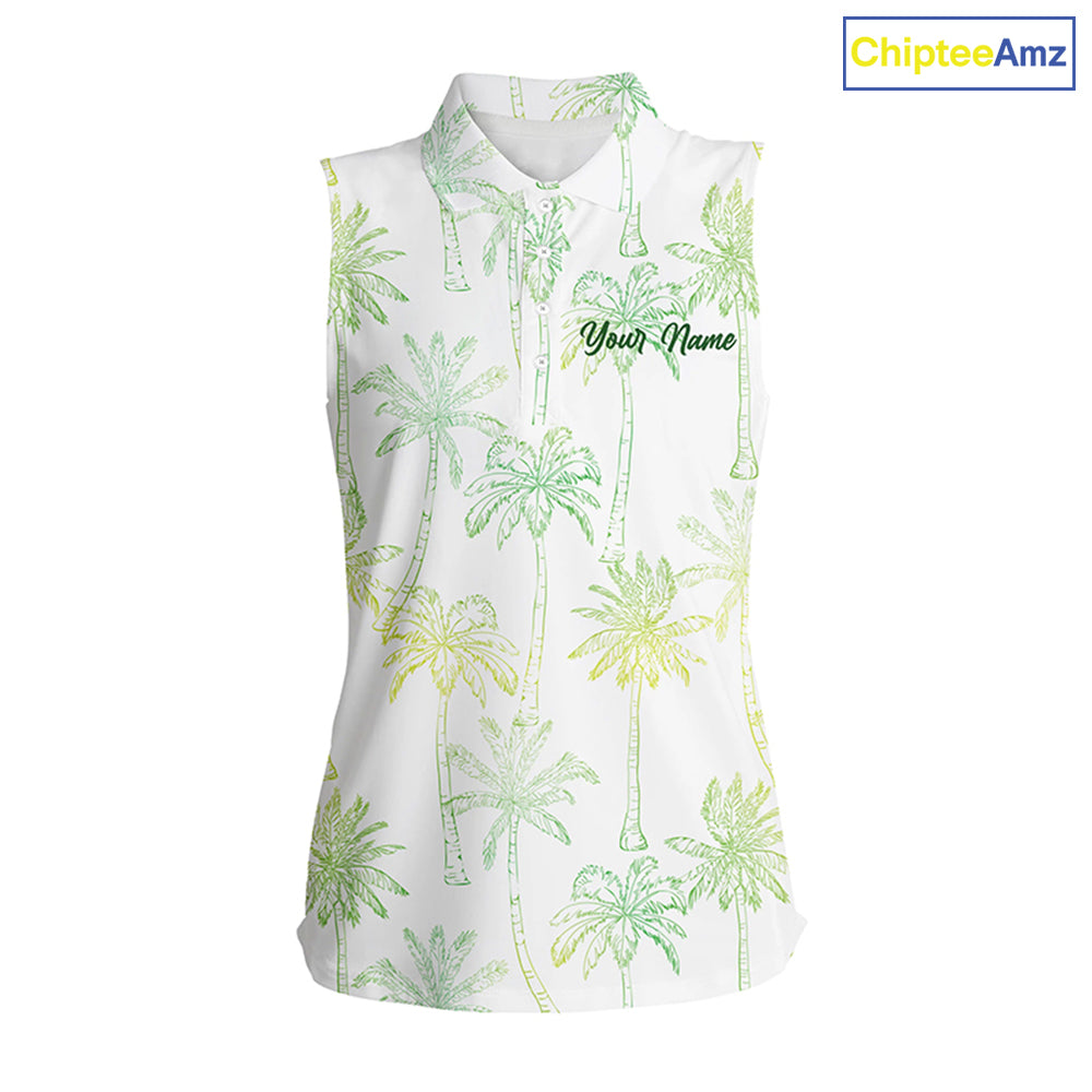 Green Tropical palm trees pattern Women sleeveless polo shirt custom team white golf shirt womens NQS5725