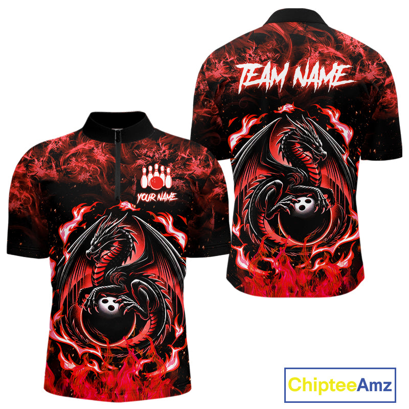 Black and Red Flame Dragon bowling shirts for Men Custom Bowling Team Jersey, gift for Bowler NQS10245