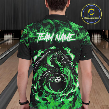 Black and Green Flame Dragon bowling shirts for Men Custom Bowling Team Jersey, gift for Bowler NQS10246