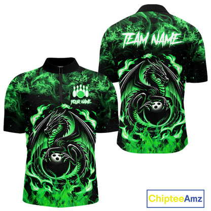 Black and Green Flame Dragon bowling shirts for Men Custom Bowling Team Jersey, gift for Bowler NQS10246