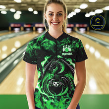 Load image into Gallery viewer, Black and Green Flame Dragon bowling shirts for Women Custom Bowling Team Jersey, gift for Bowler NQS10246