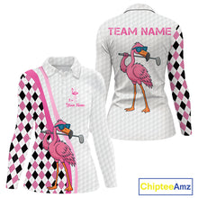 Load image into Gallery viewer, Funny Women golf polo shirt custom pink and black argyle pattern flamingo white golf shirts NQS10252