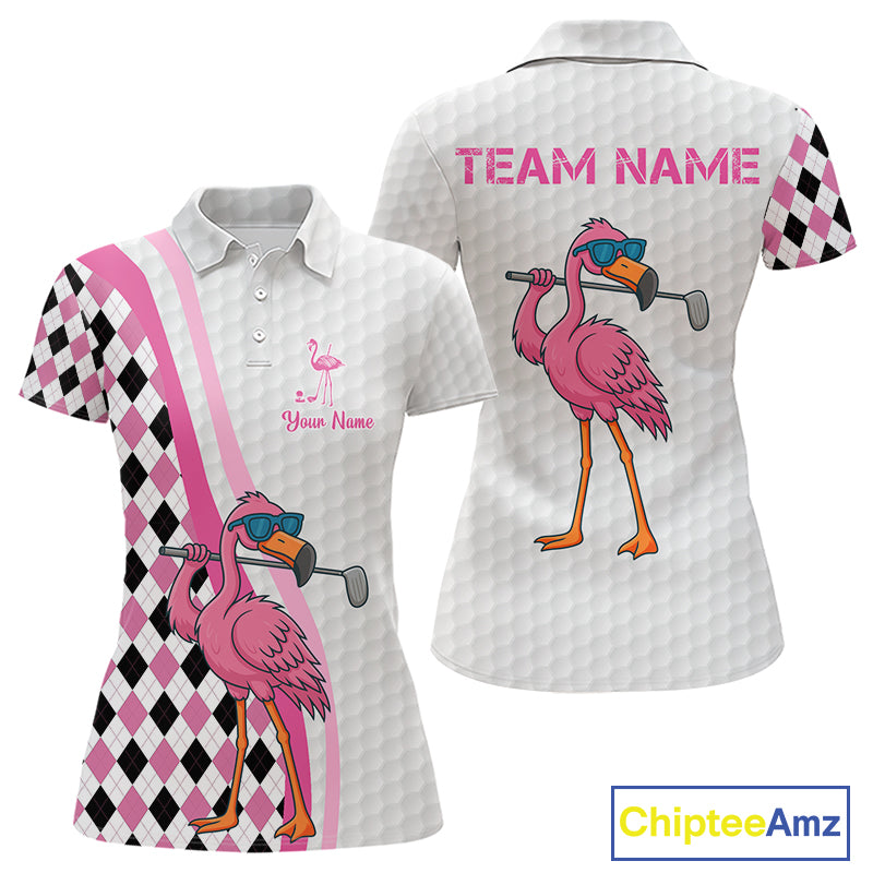 Funny Women golf polo shirt custom pink and black argyle pattern flamingo white golf shirts NQS10252