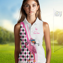 Load image into Gallery viewer, Funny Women Sleeveless Polo Shirt custom pink and black argyle pattern flamingo white golf shirts NQS10252