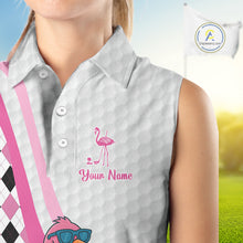 Load image into Gallery viewer, Funny Women Sleeveless Polo Shirt custom pink and black argyle pattern flamingo white golf shirts NQS10252