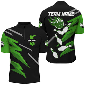 Black and Green Bowling Polo, Quarter Zip Shirts For Men Custom Bowling Team Jerseys, gift for bowlers NQS8247