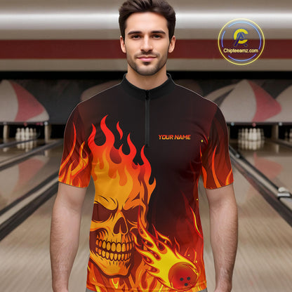 Flame Skull Bowling Polo, Quarter Zip Shirts for Men Custom Skull Fire Bowling Team Outfit Uniform NQS10444
